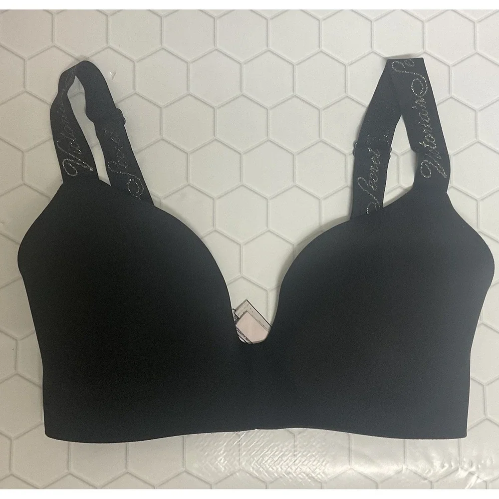 Victoria Secret T-Shirt Lightly Lined Wireless Bra 32DDD Black Gold Logo Sign